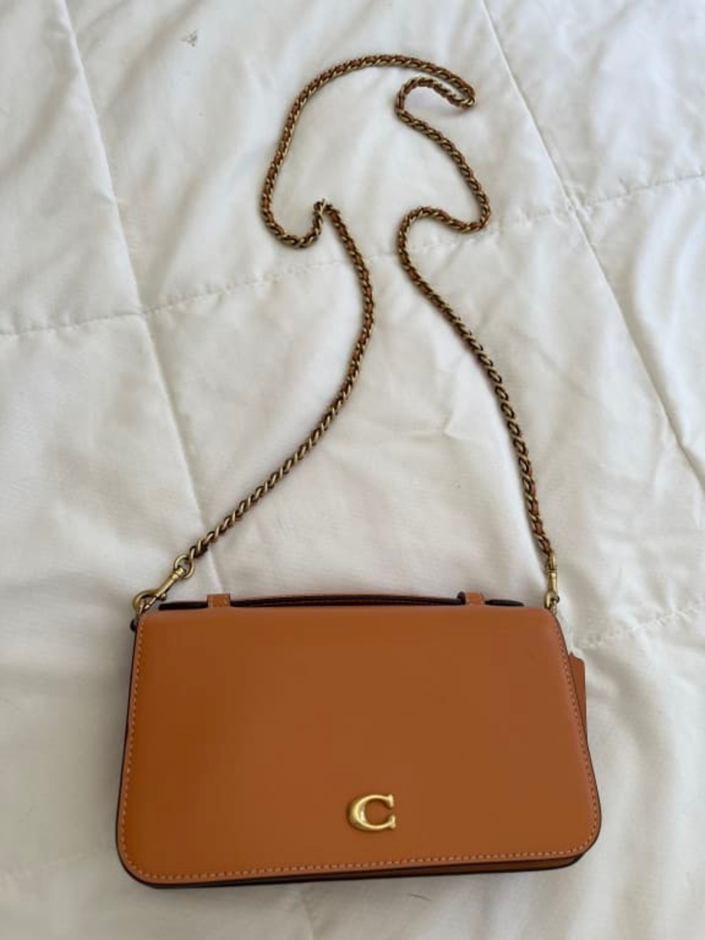 Coach Initial Tan Leather Crossbody Bag with Chain Strap